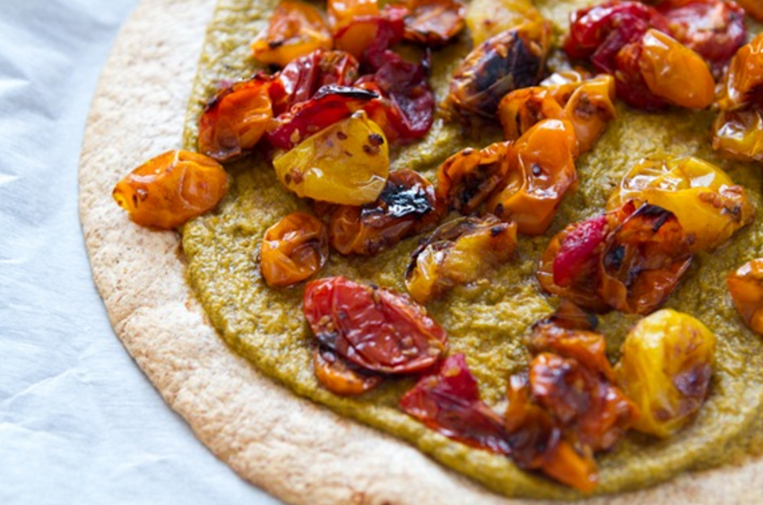 Easy Roasted Tomato Pizza with Basil Cashew Cheeze