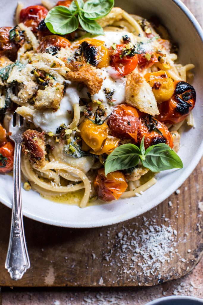 Charred Tomato Basil Chicken Florentine Pasta with Herb Butter Breadcrumbs