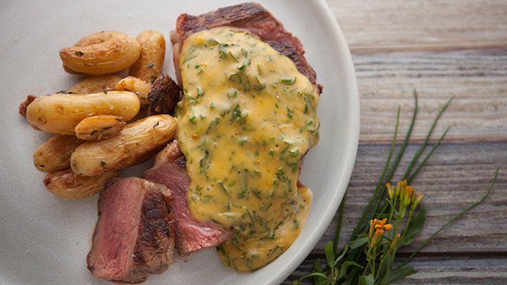 Grilled Sirloin Steak with Bearnaise Sauce and Roasted Kipflers