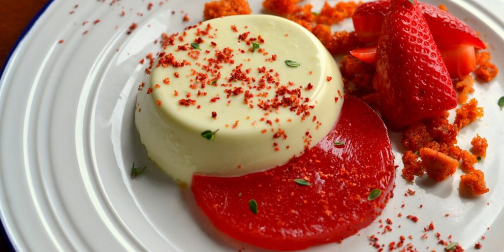 Cucumber Panna Cotta with Strawberries, Lemon Thyme and Honeycomb
