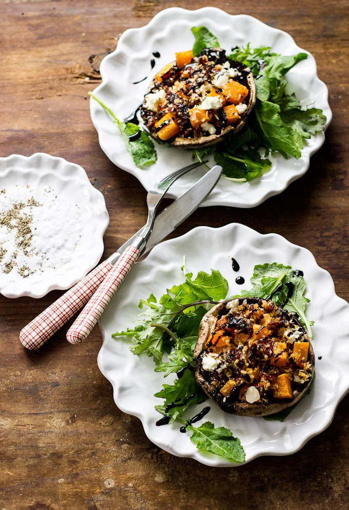 Butternut Squash Stuffed Mushrooms with Goat Cheese with Balsamic Glaze
