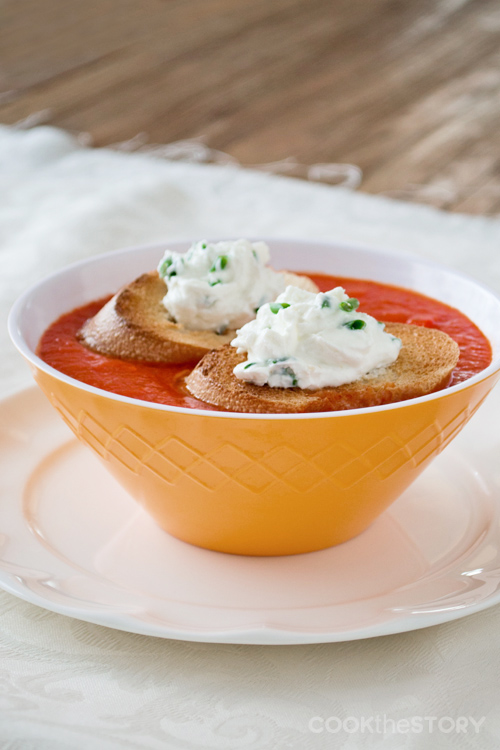 Roasted Bell Pepper Slow Cooker Soup with Goat Cheese Toasts