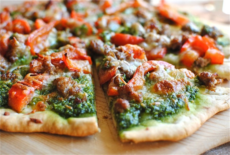 Sausage, Red Bell Pepper and Spinach Pesto Pizza