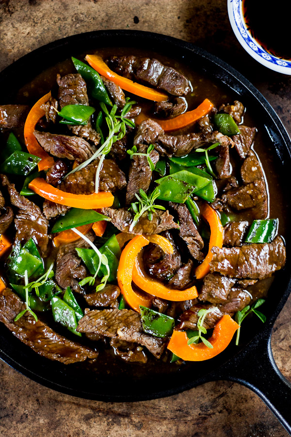 Beef Stir-fry with Peppers and Pea Shoots