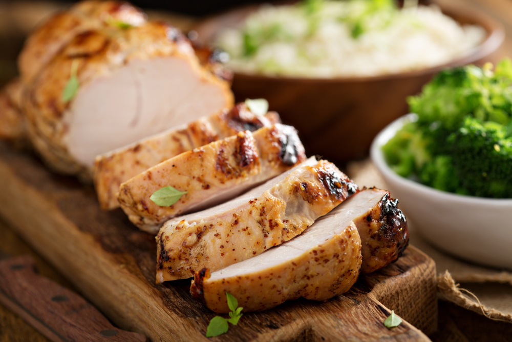 Barbecued turkey breast with honey mustard glaze and broccoli